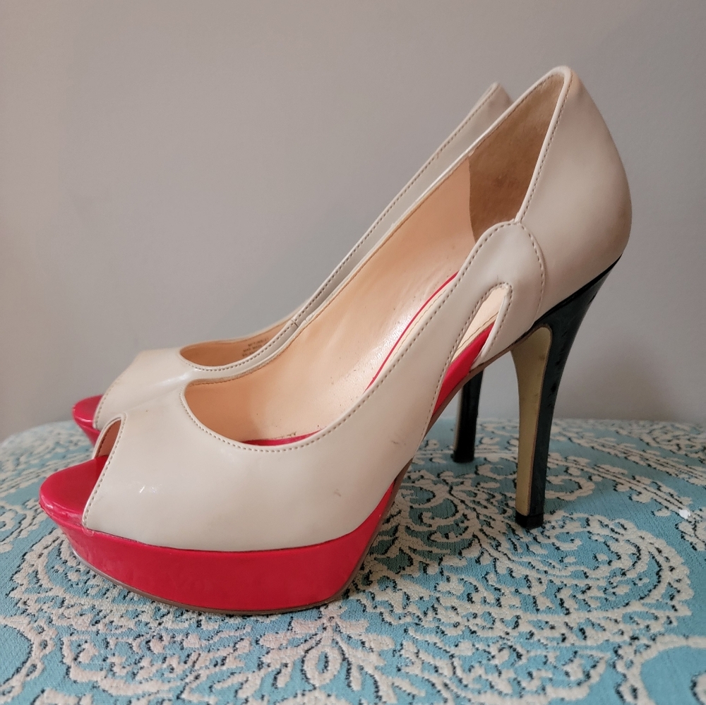 Elegant Peep-Toe Heels - Cream, Black, and Red